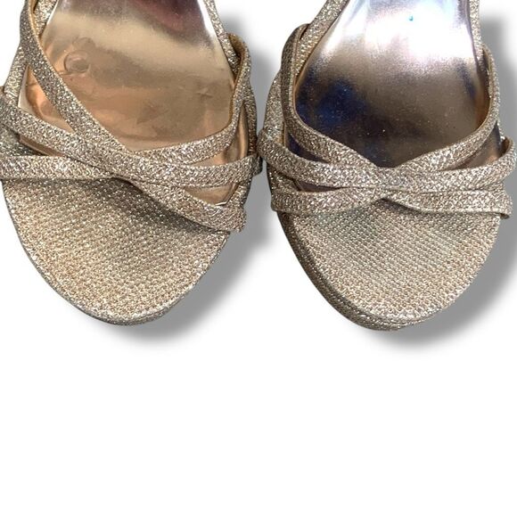 Badgley Mischka Gold Glitter Heels Size 9 Zip Back Strappy Platform Stilettos - Picture 7 of 11